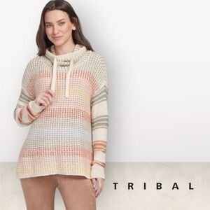 Tribal Malibu Waffle Knit Striped Hooded Sweater Pullover Women’s L 46480-3340